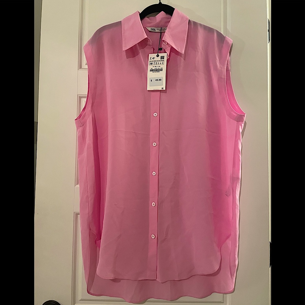 ZARA Pink Sheer Oversized Collared Button Down